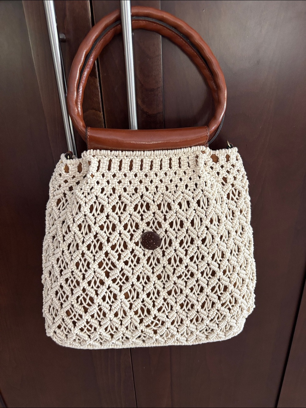 Patricia Nash Geraldine Cream Crochet Shoulder Bag with Brown Leather Handle - Picture 4 of 9